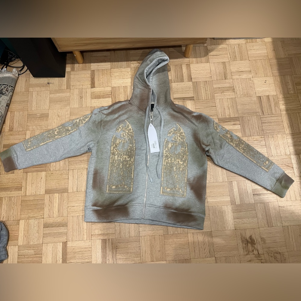 Men's Gray and Brown Zip-Up Sweater